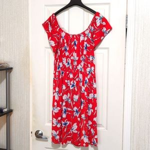 Kaileigh red floral print flouncy dress. Size XL stretch elastic waist.